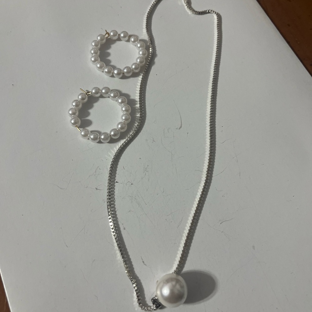 Sterling Silver plated Elegant Pearl Ball 16 Inch Necklace With Pearl Hoop